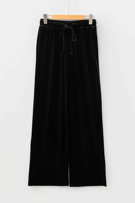 Black velvet straight‑leg drawstring trousers