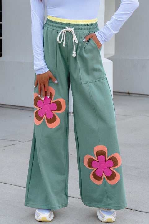 Flower Patchwork Drawstring Elastic Waist Wide-Leg Trousers