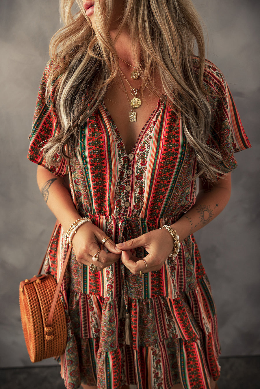 Red Bohemian Floral Print Buttoned V Neck Ruffle Tiered Dress Women UK