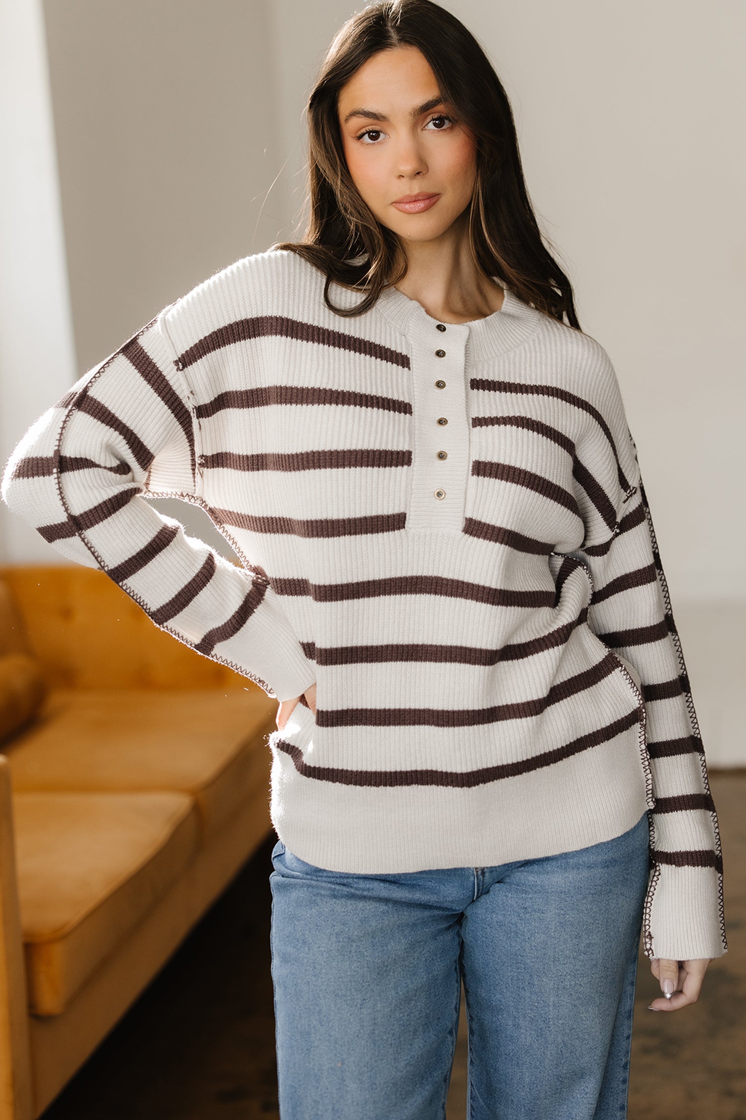 Casual Slouchy Striped Henley Jumper