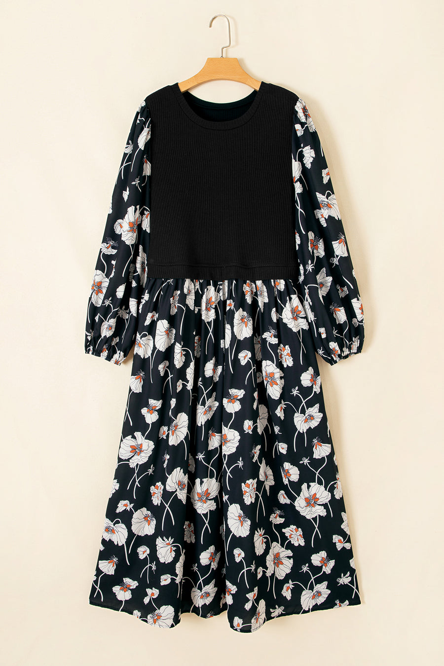 Black Floral Print Long Sleeve Round Neck Plus Size Dress Women UK