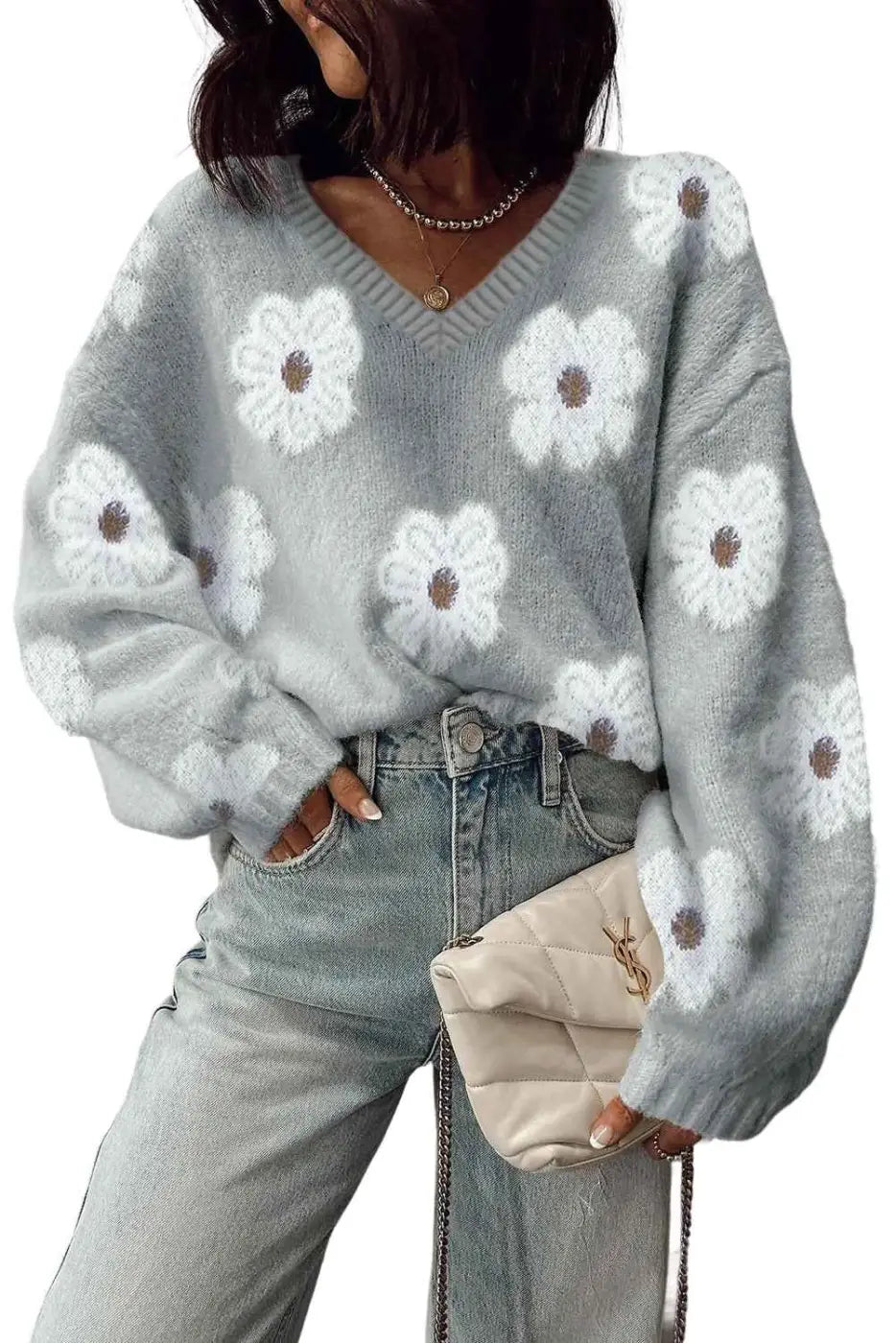Oversized grey floral knit jumper – v‑neck sweaters