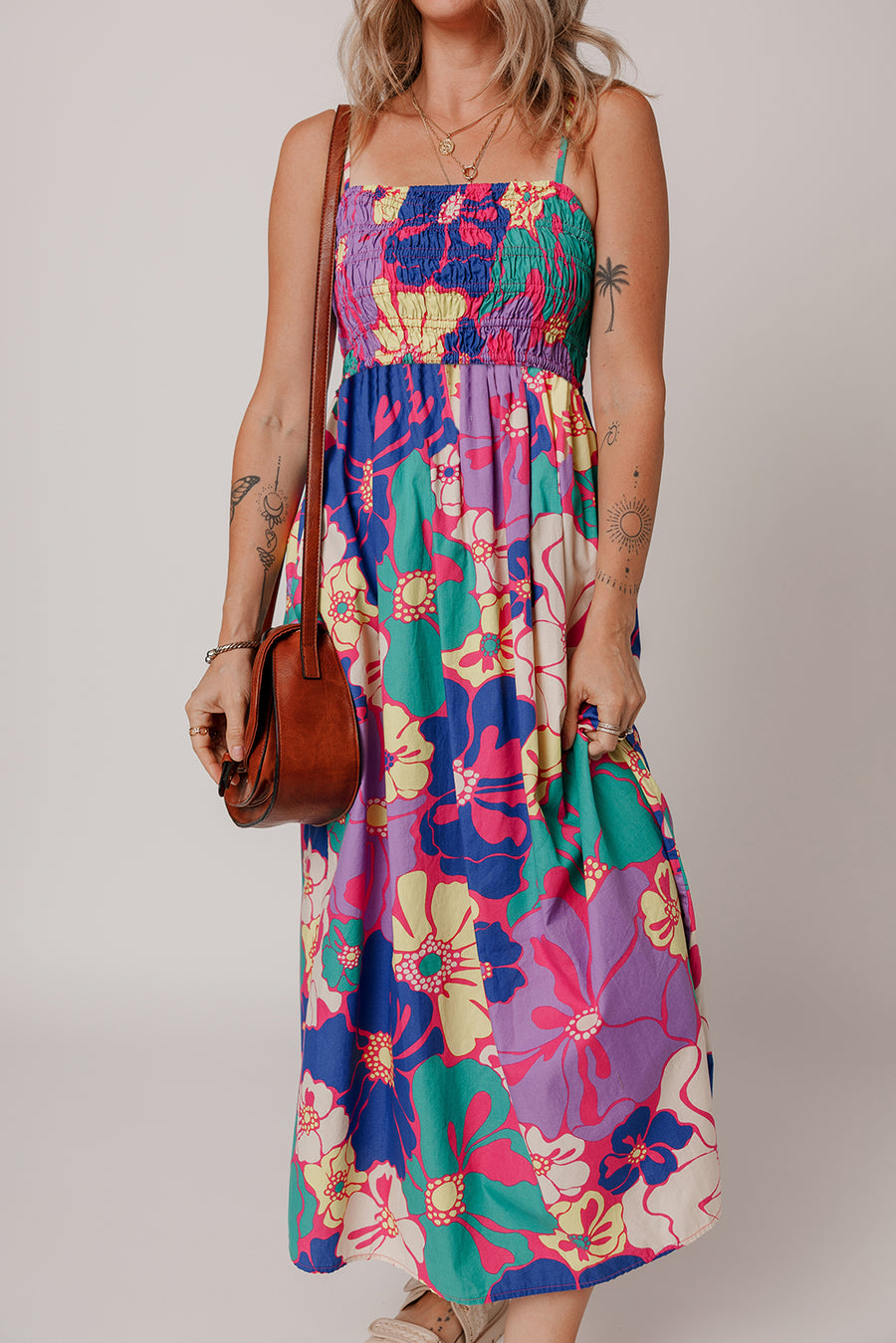 Purple Floral Shirred Spaghetti Strap Loose Maxi Dress Women UK