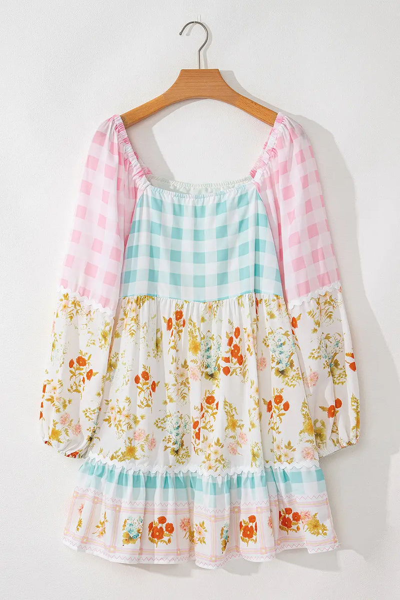 Pink Ric Rac Plaid Floral Patchwork Bubble Sleeve Mini Dress Women UK