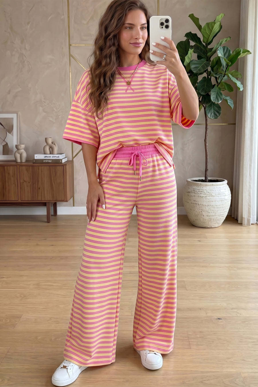 Pink Stripe Colourblock Crew Neck Tee & Drawstring Pant Set