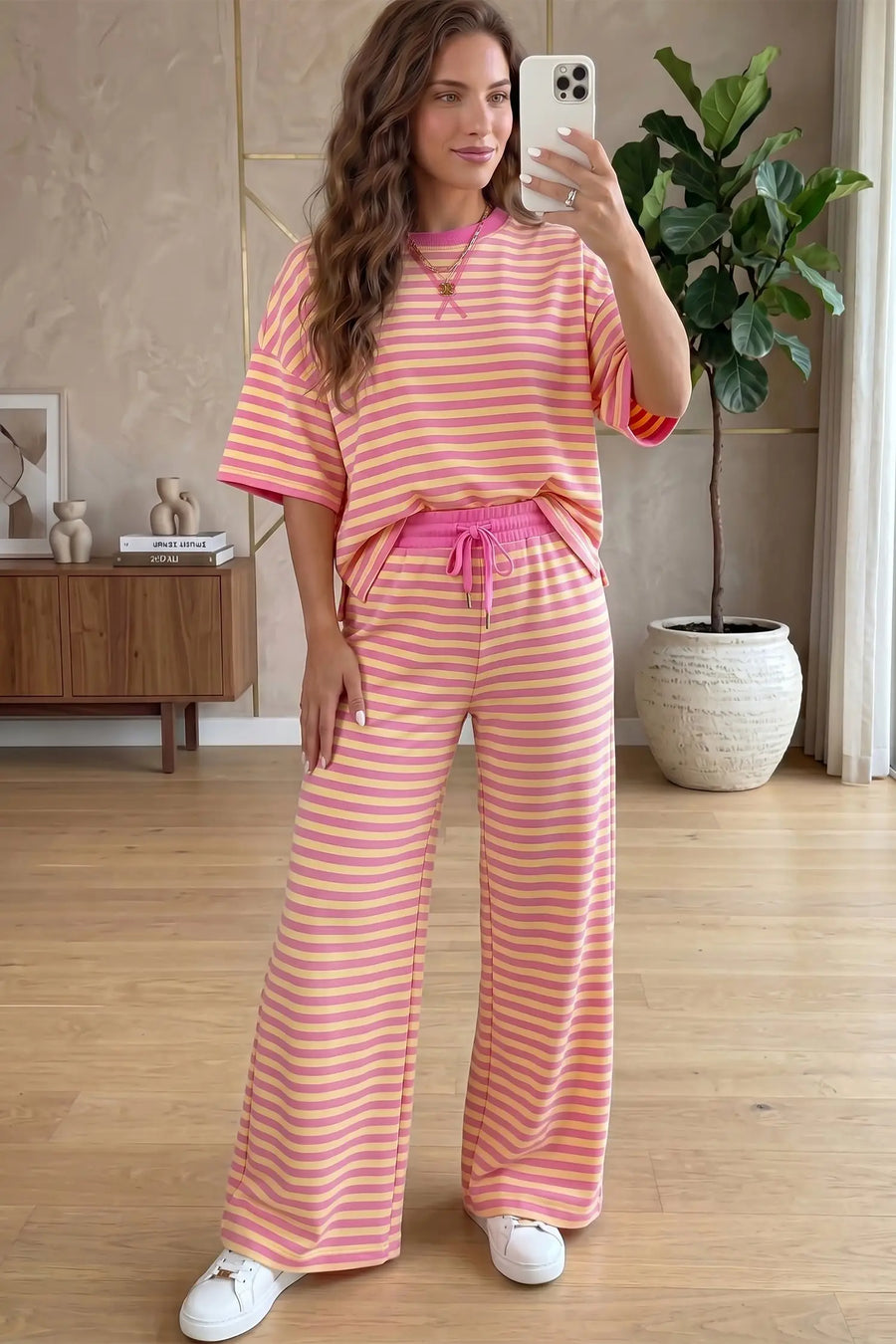 Pink Stripe Colourblock Crew Neck Tee & Drawstring Pant Set — back view | Fashionfitz UK