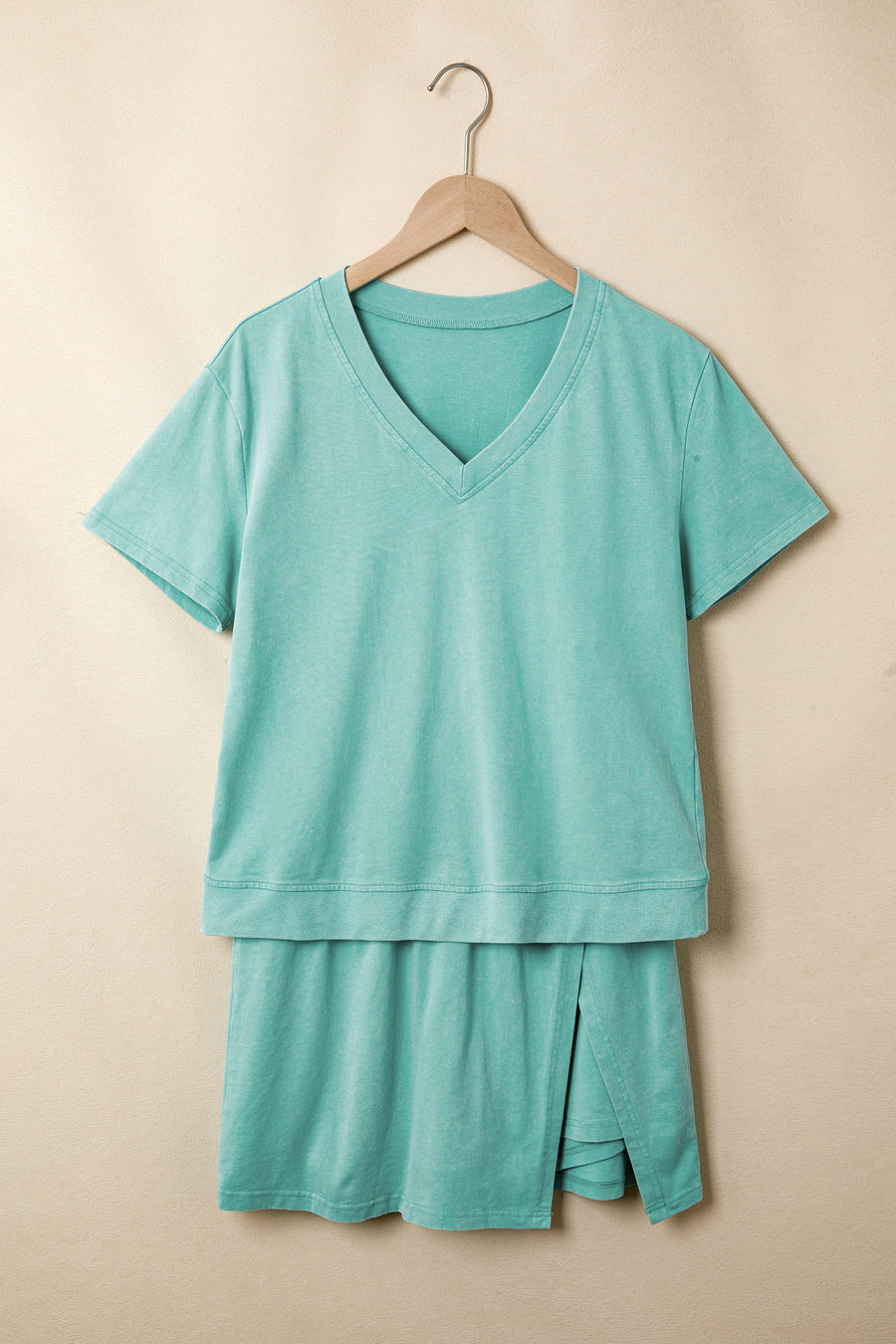 Mineral Wash V-Neck Tee Skort Set Two Piece Co-Ord High Waist Split Mini