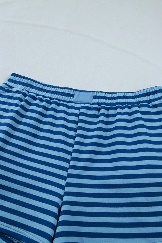 Blue stripe plus size dropped shoulder tee & shorts two-piece set outfit sets