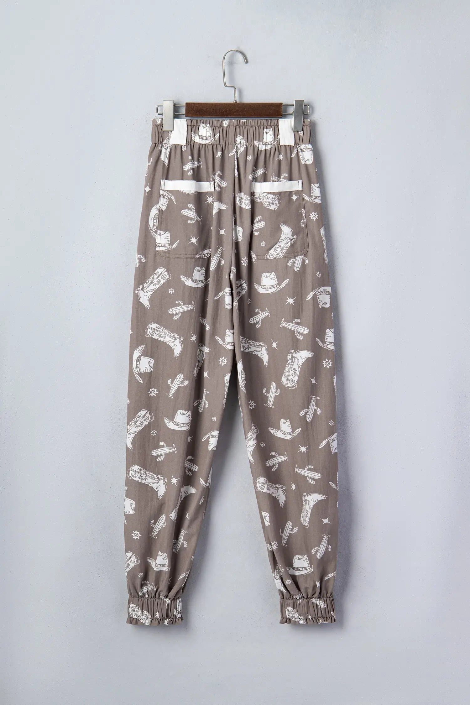 Western print vintage drawstring elastic hem jogger trousers with pockets joggers