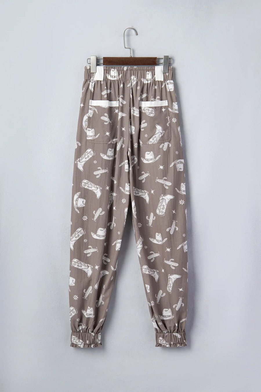 Western print vintage drawstring elastic hem jogger trousers with pockets joggers