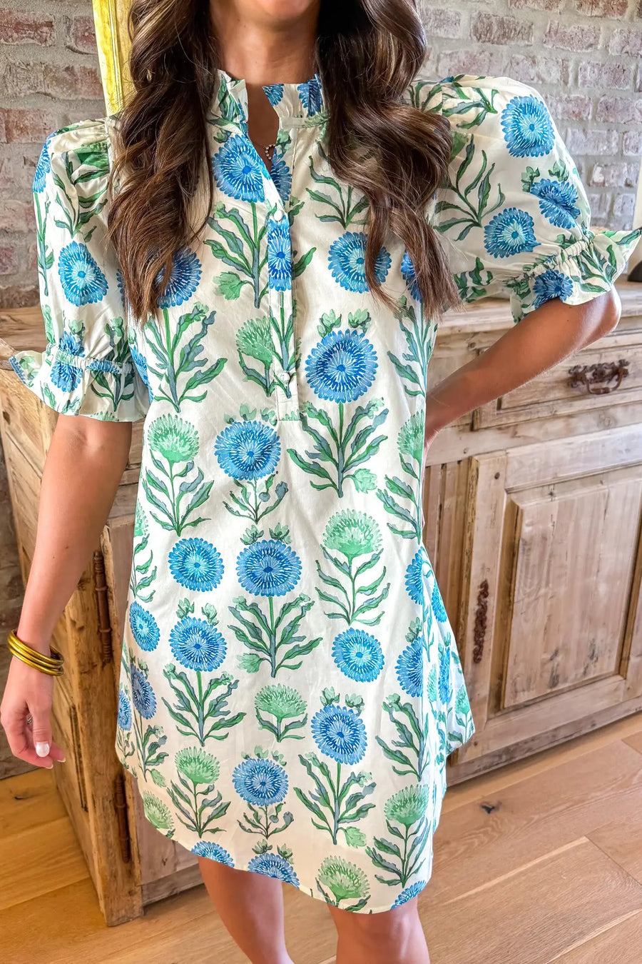 Sky Blue Floral Half Button Frilly Short Sleeve Dress — back view | Fashionfitz UK