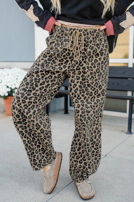 Khaki leopard print drawstring elastic waist loose denim pants with pockets