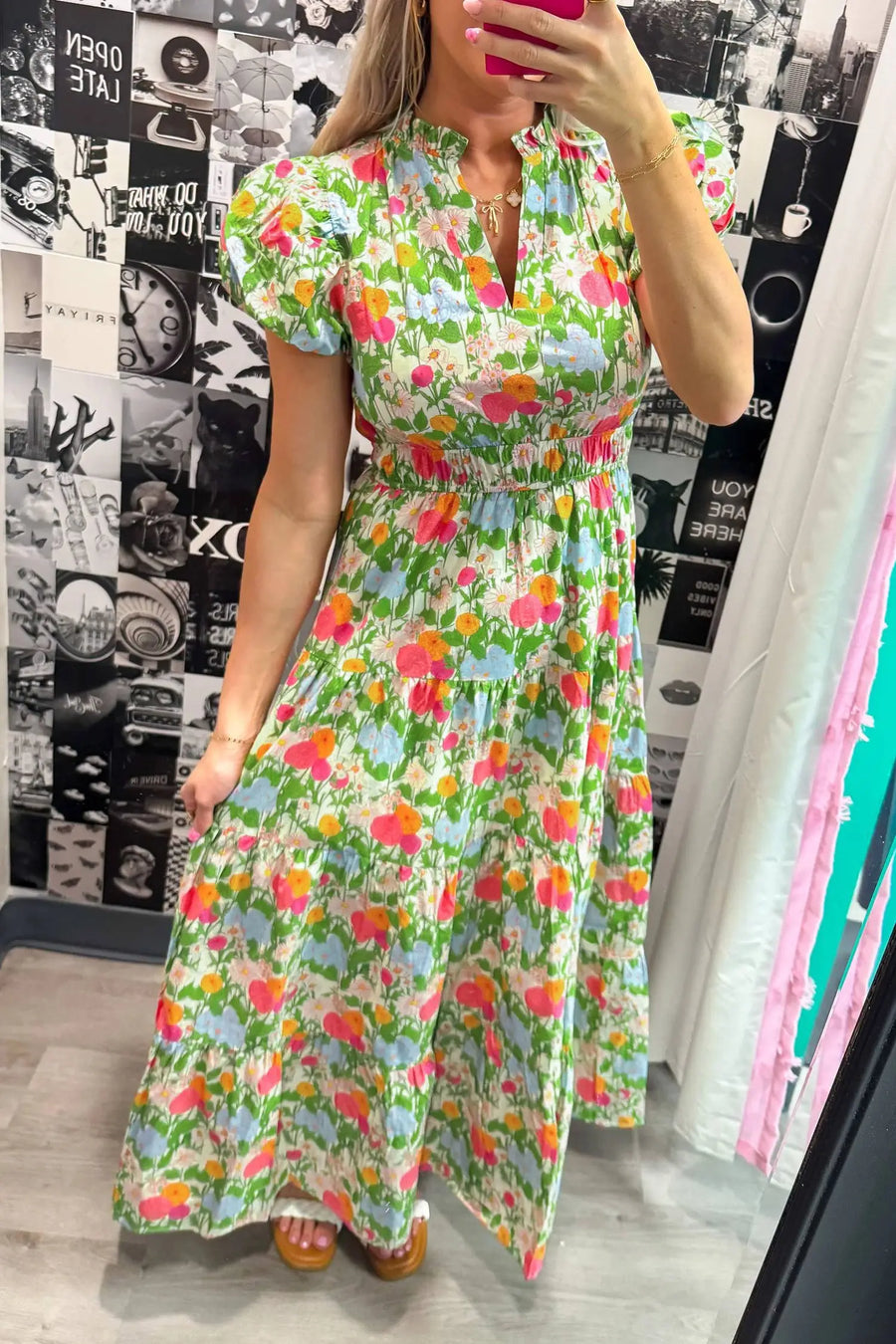 Green Floral V Neck Short Puff Sleeve Cotton Maxi Dress Women UK