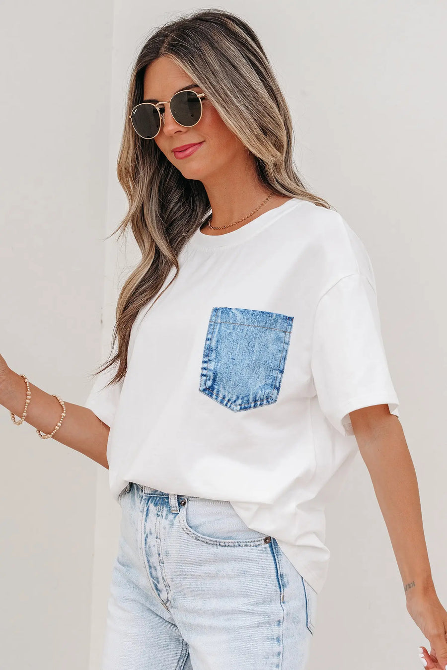 Colour block patch pocket short sleeve top round neck tunic relaxed fit tunics