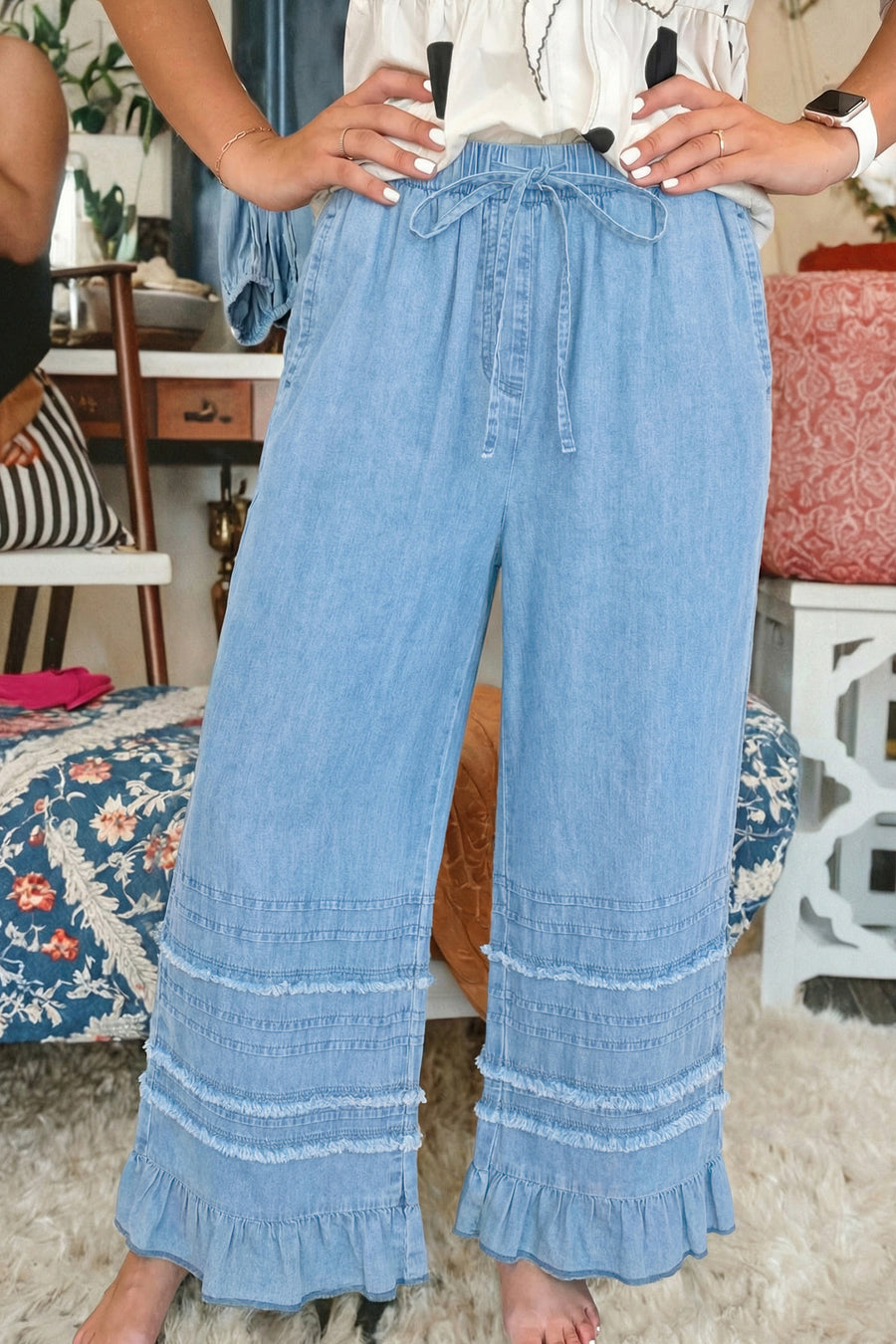 Ruffled Hem Wide Leg Chambray Pants Women UK