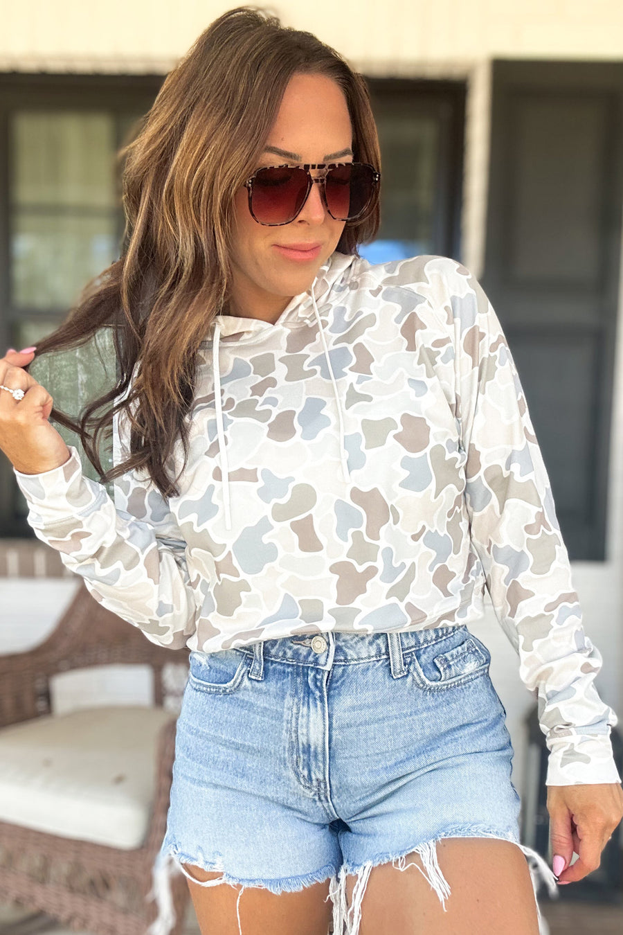 Camo Print Long Sleeve Hooded Pullover Top
