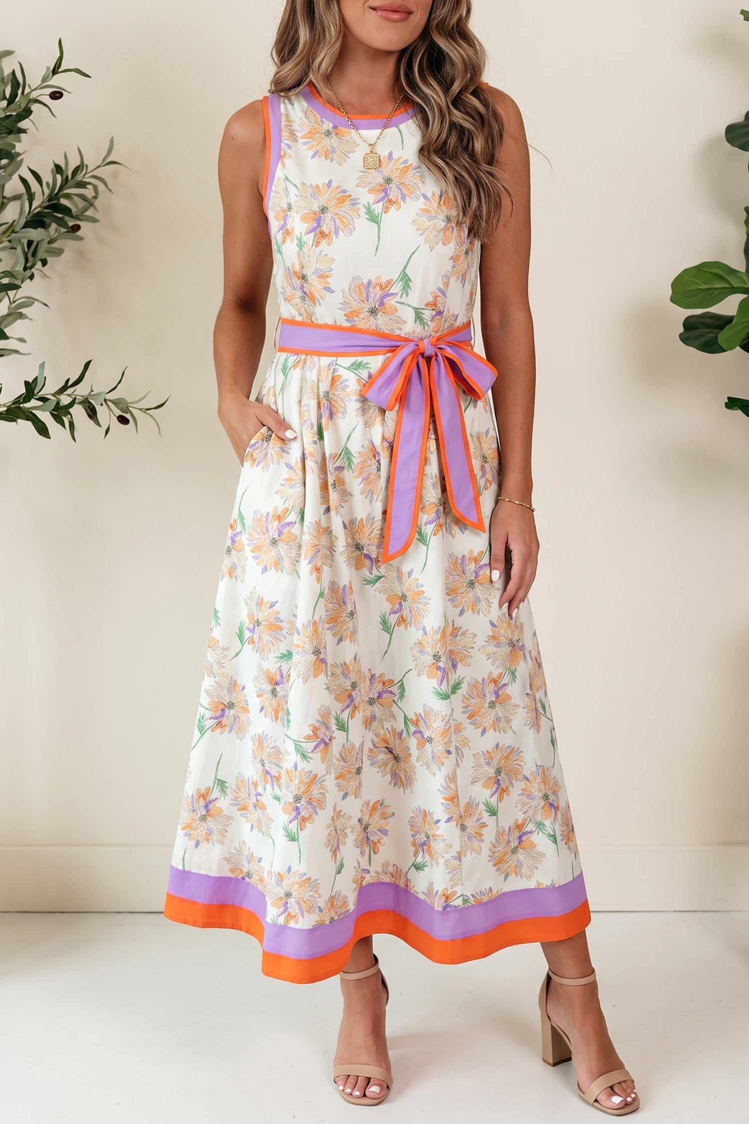 Floral Print Colour Block Belted Maxi Dress Sleeveless Side Pockets