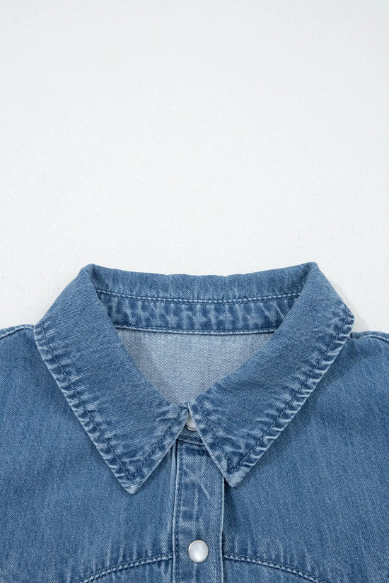 Dusk blue ruffled short sleeve denim shirt button down collar stitched yoke shirts