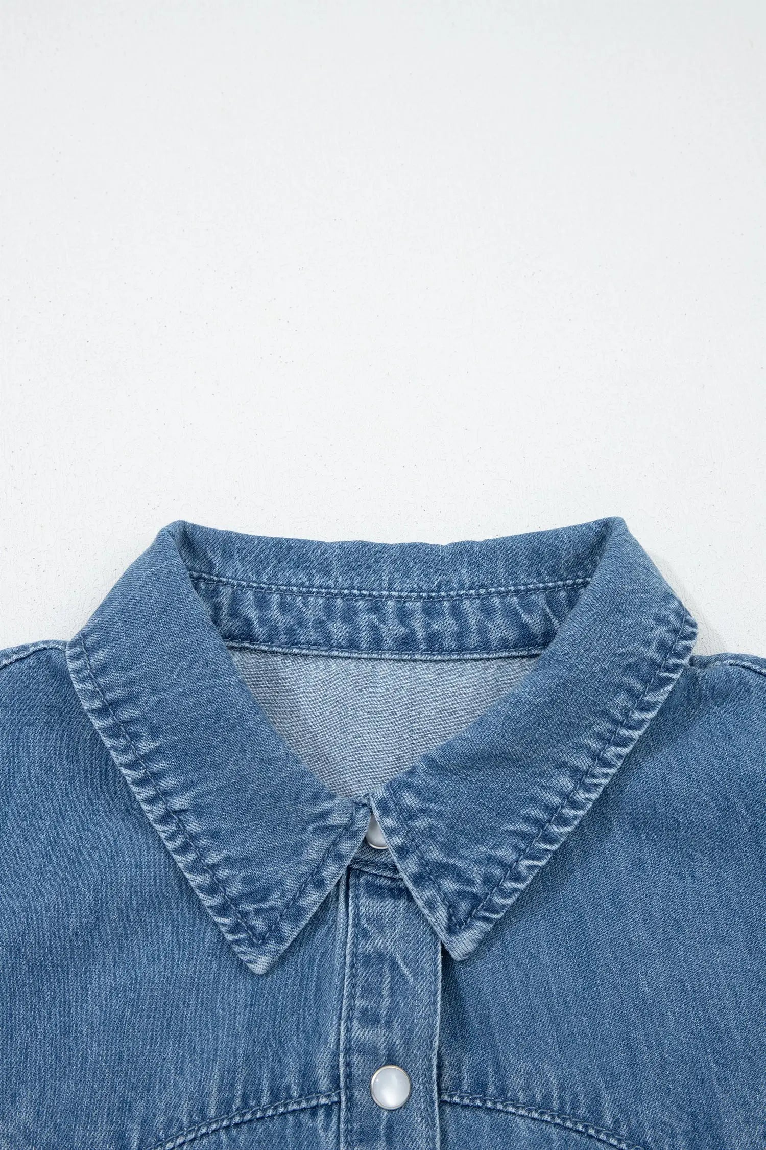 Dusk blue ruffled short sleeve denim shirt button down collar stitched yoke shirts