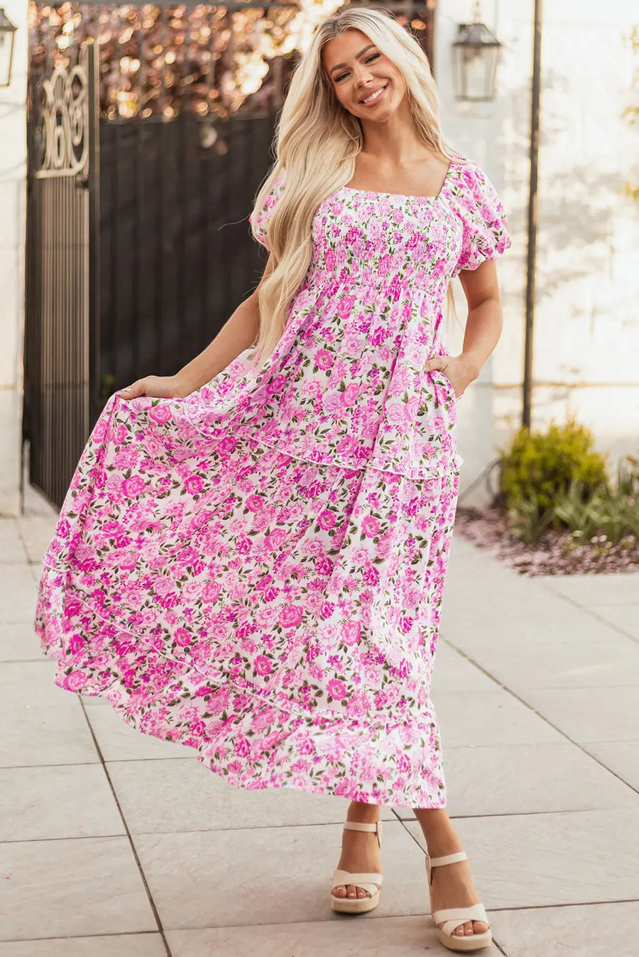 Pink Dainty Floral Smocked Puff Sleeve Flowy Maxi Dress Women UK — side view