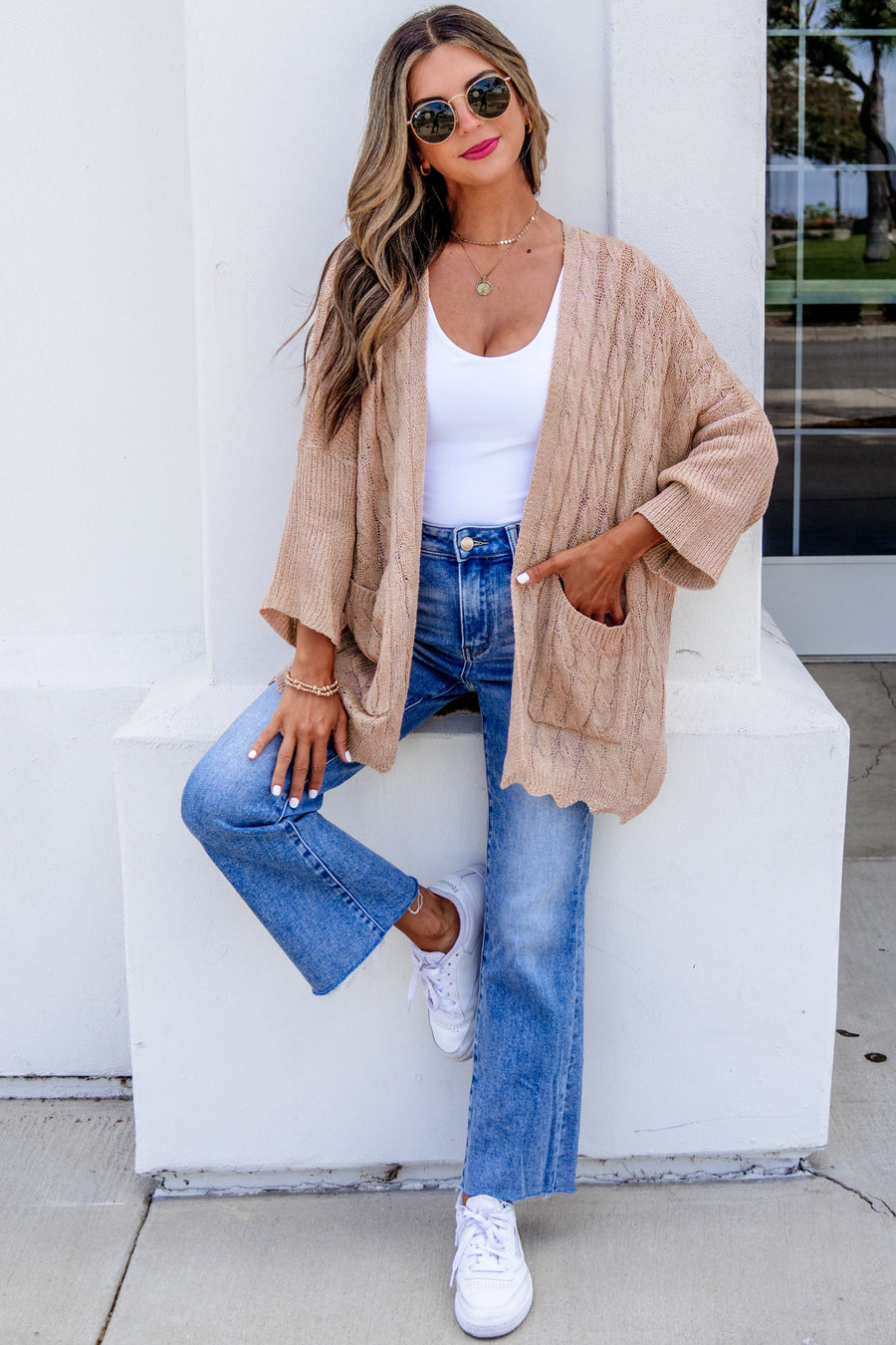 Hollowed Pattern Knit Drop Shoulder Cardigan Women UK