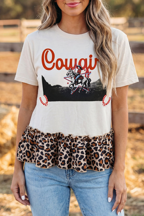 Retro Western Cowgirl Print Leopard Ruffle Hem Patchwork T-Shirt
