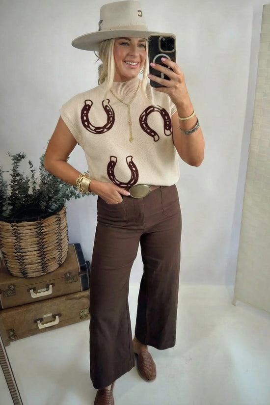 Corded horseshoe western sweater ribbed mock neck short sleeve loose knit sweaters