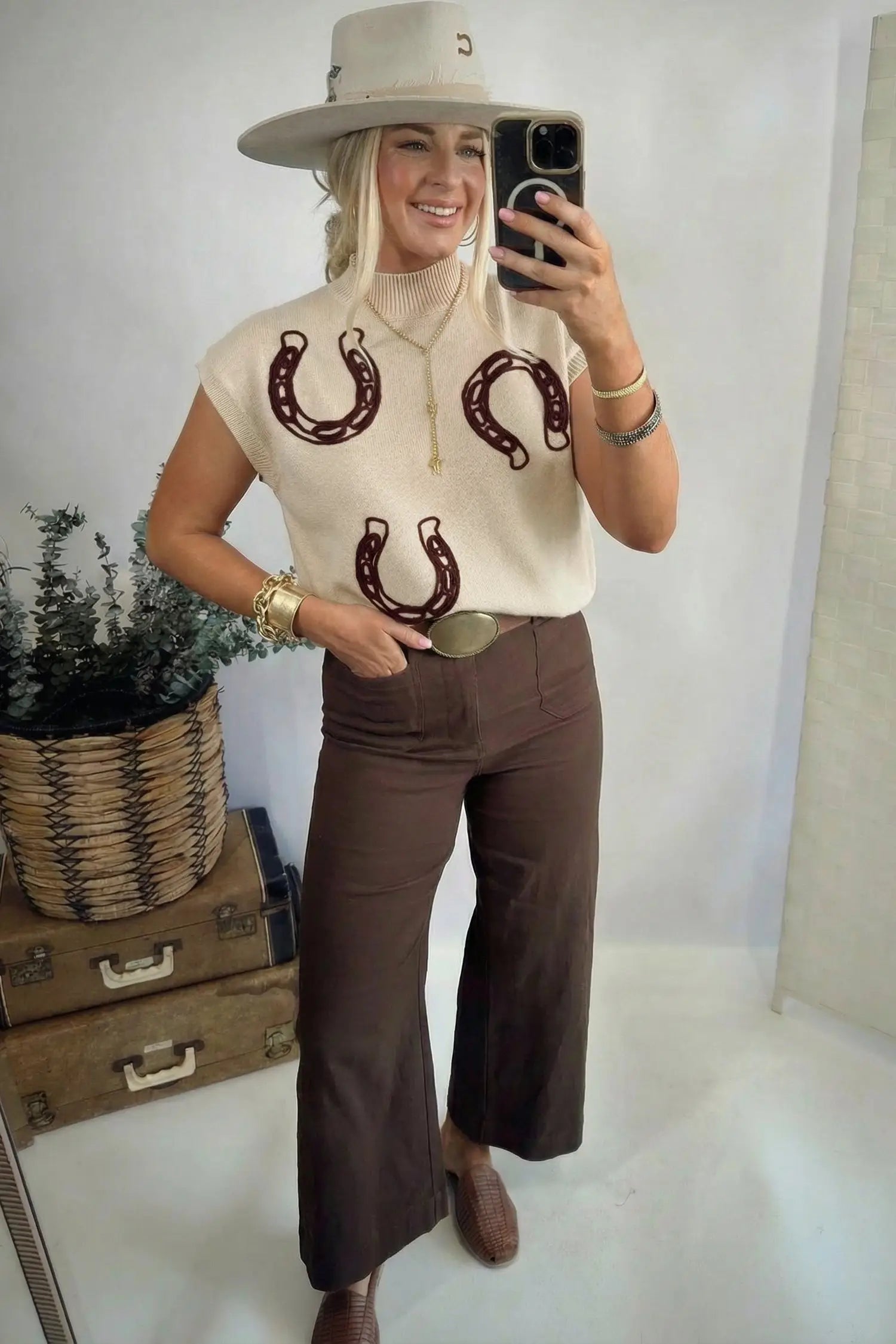 Corded horseshoe western sweater ribbed mock neck short sleeve loose knit sweaters