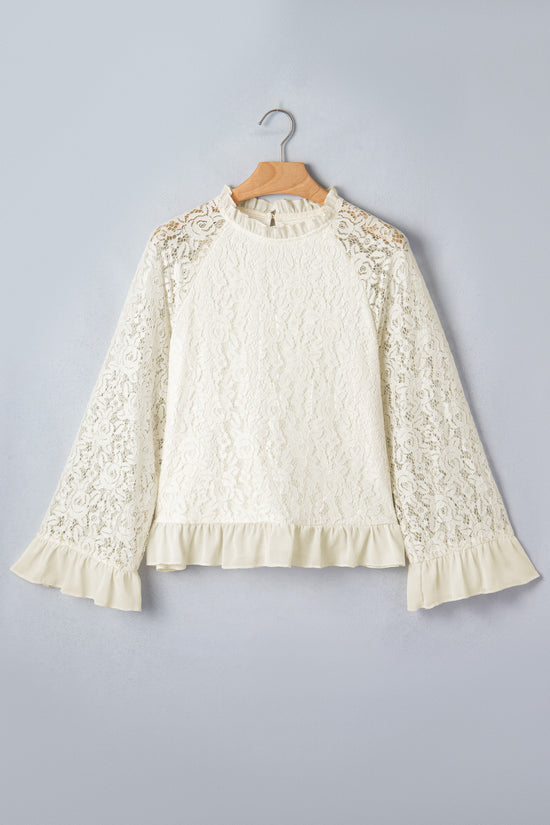 Sheer Lace Floral Round Neck Ruffle Trim Cuff Sleeve Loose Blouse