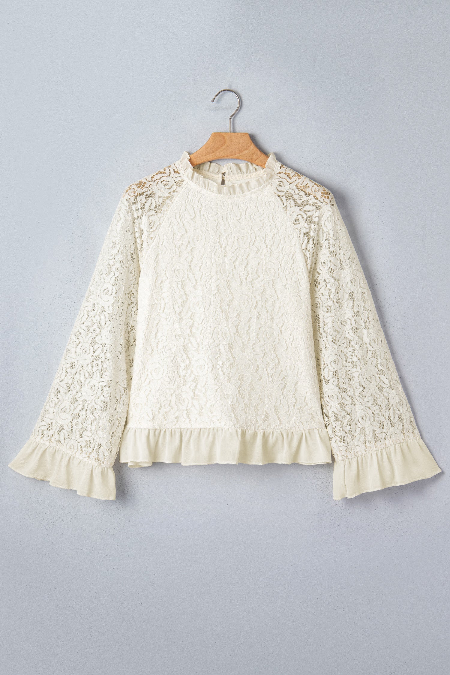 Sheer Lace Floral Round Neck Ruffle Trim Cuff Sleeve Loose Blouse