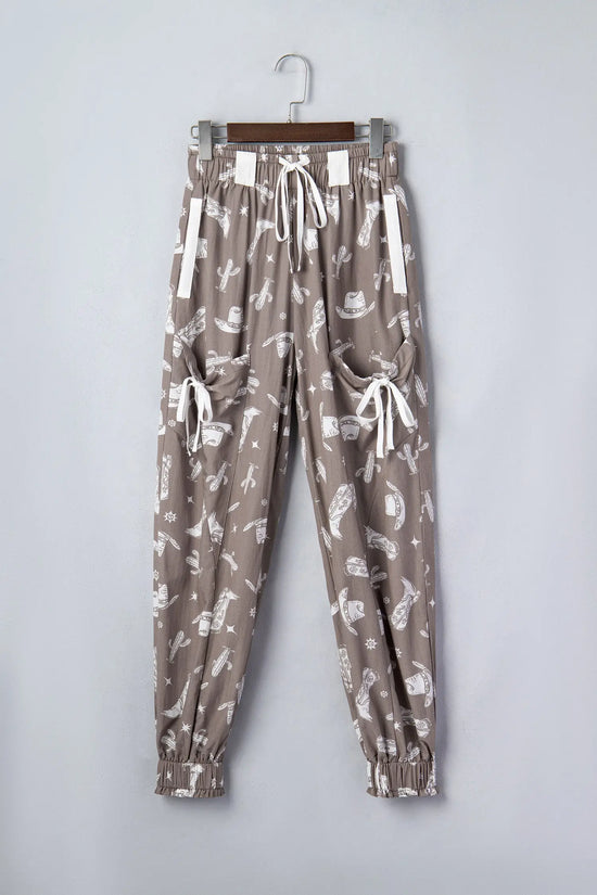 Western print vintage drawstring elastic hem jogger trousers with pockets joggers