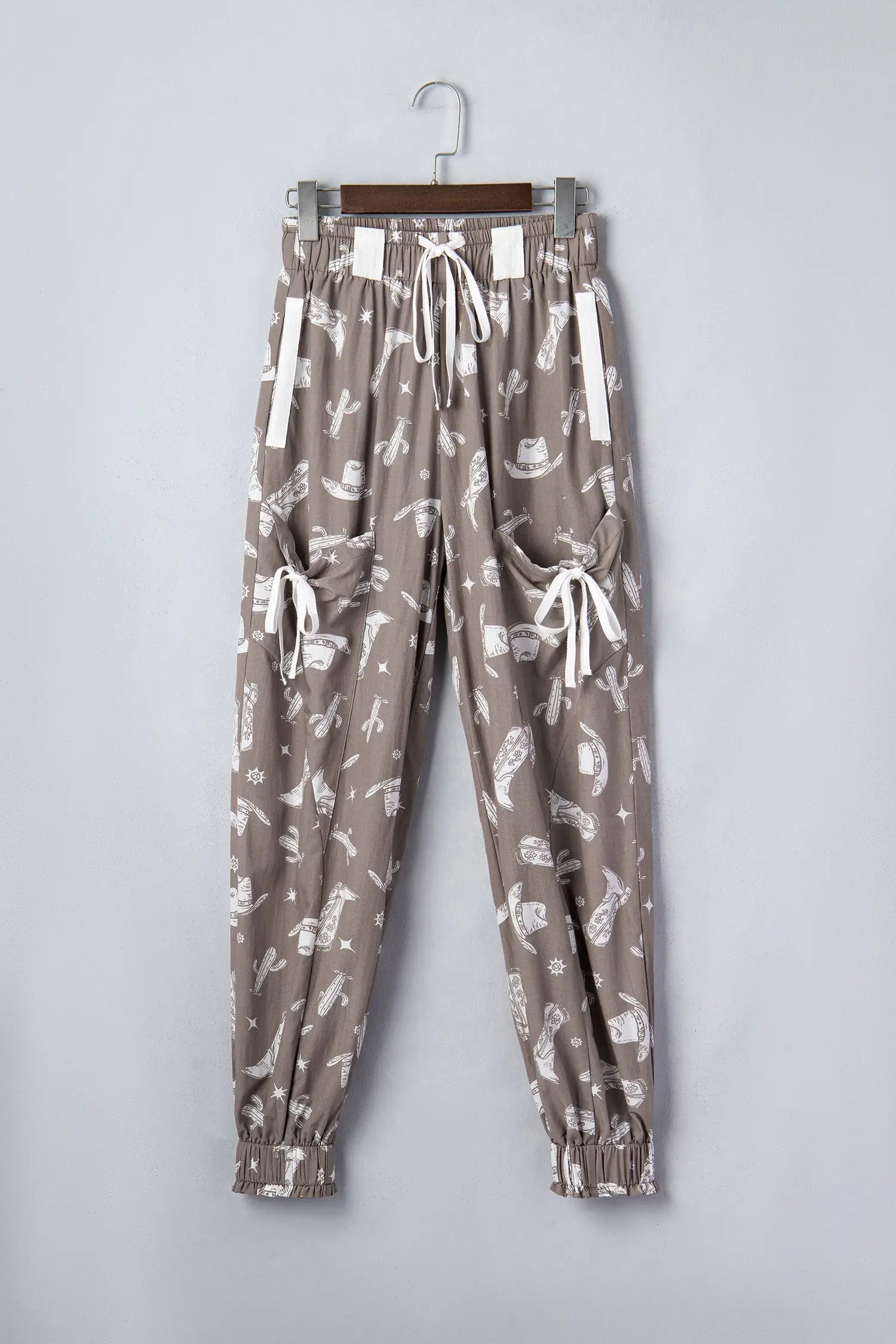 Western print vintage drawstring elastic hem jogger trousers with pockets joggers
