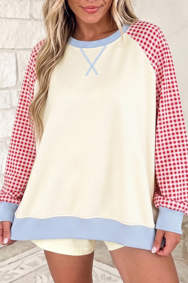 Beige plaid colour block raglan pullover sweatshirt women UK front view