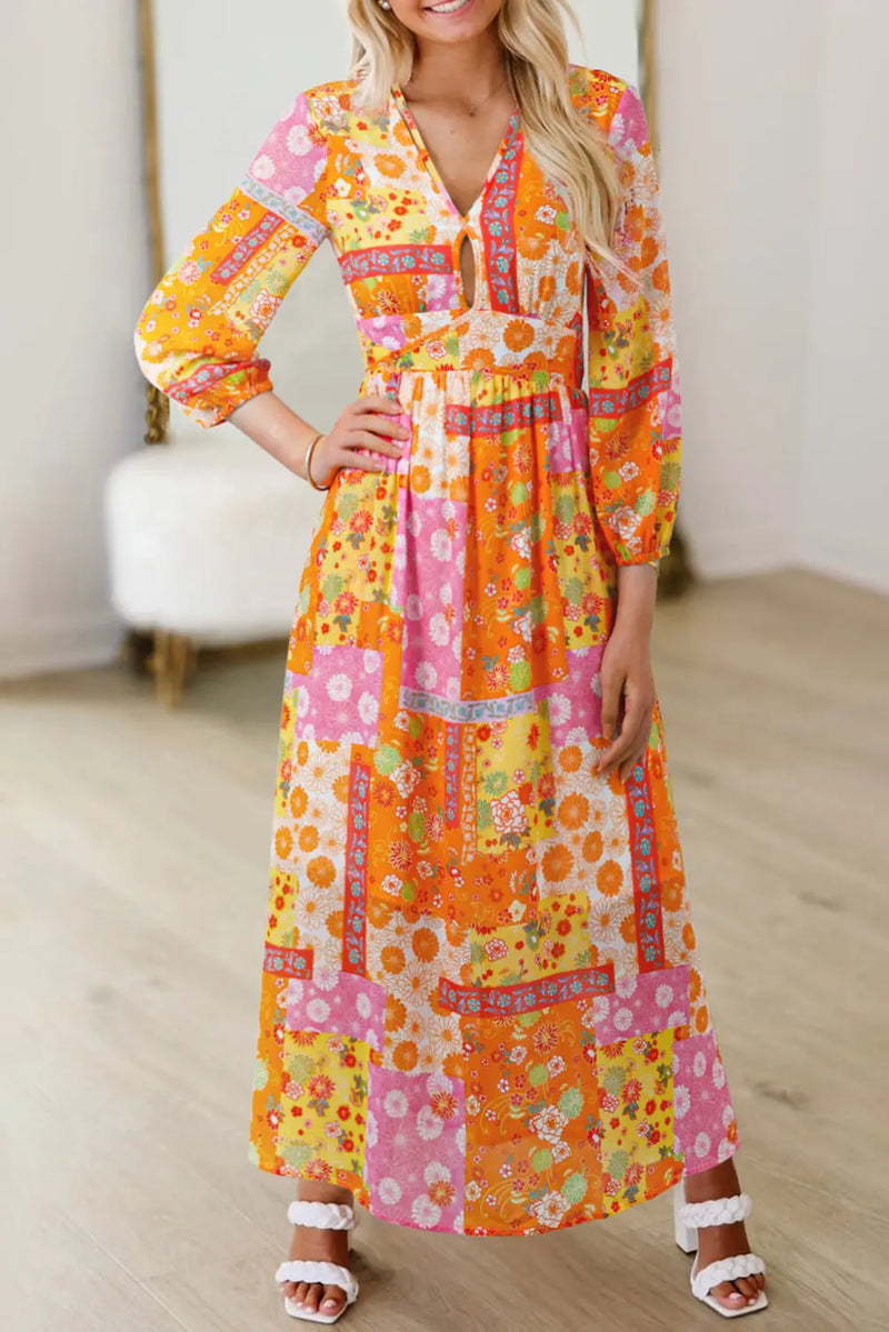 Orange Floral Patchwork Bracelet Sleeve Tied Back Maxi Dress Women UK — back view