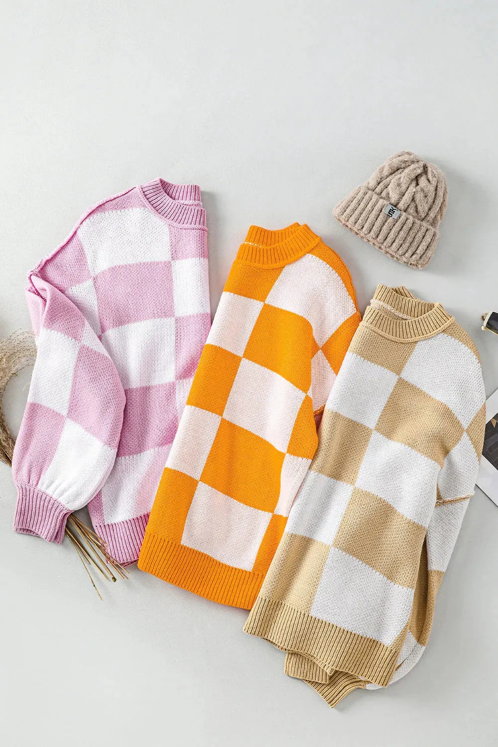 Pink Checkered Bishop Sleeve Sweater - Fashionfitz