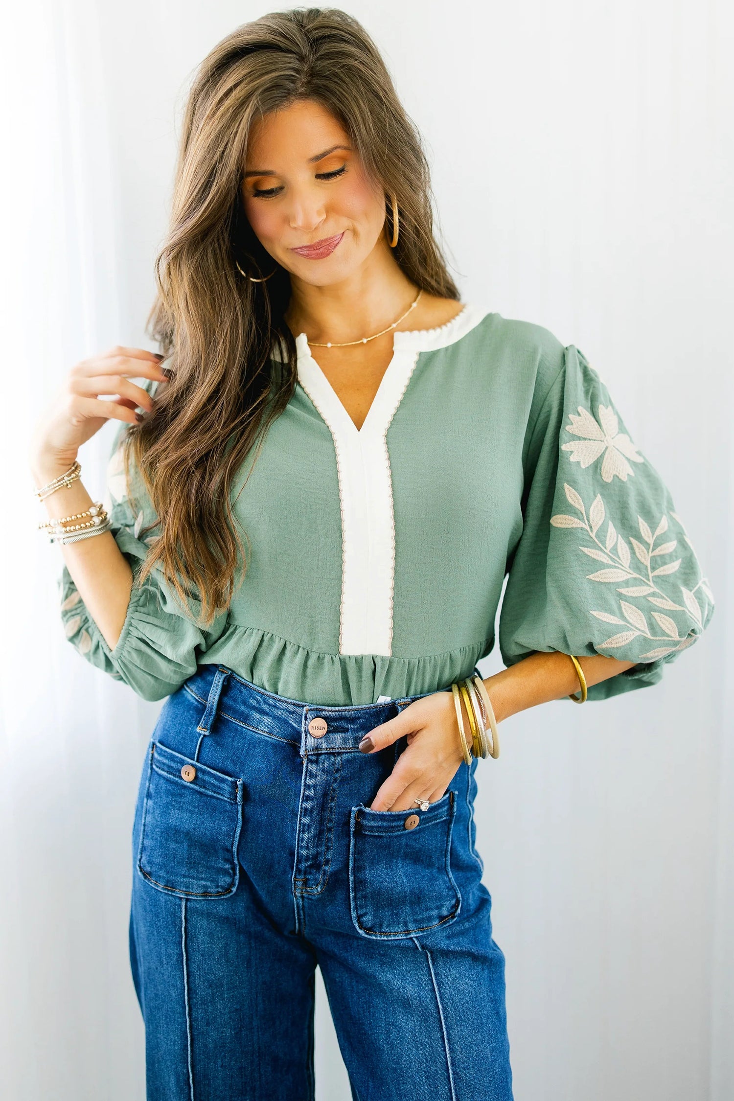 Smoke Green Embroidered Sleeve Tiered Blouse