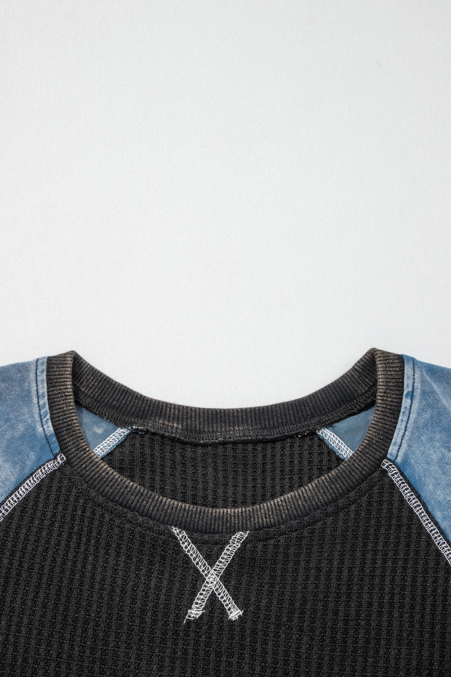 Waffle Knit Seam Detail Colour Block Patchwork Short Sleeve Top