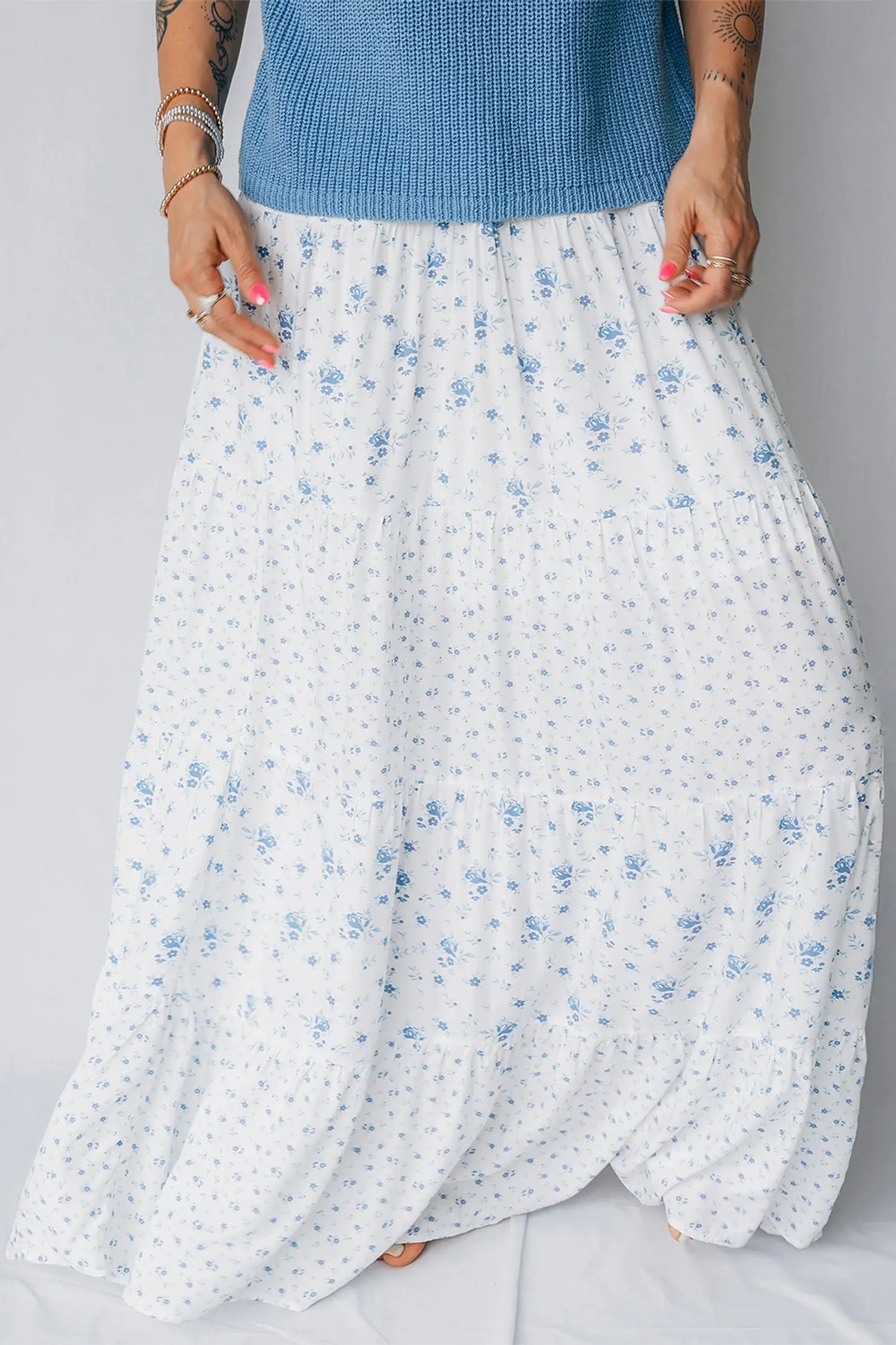 Sky blue tiered floral patchwork boho maxi skirt elastic waist ruffle hem skirts
