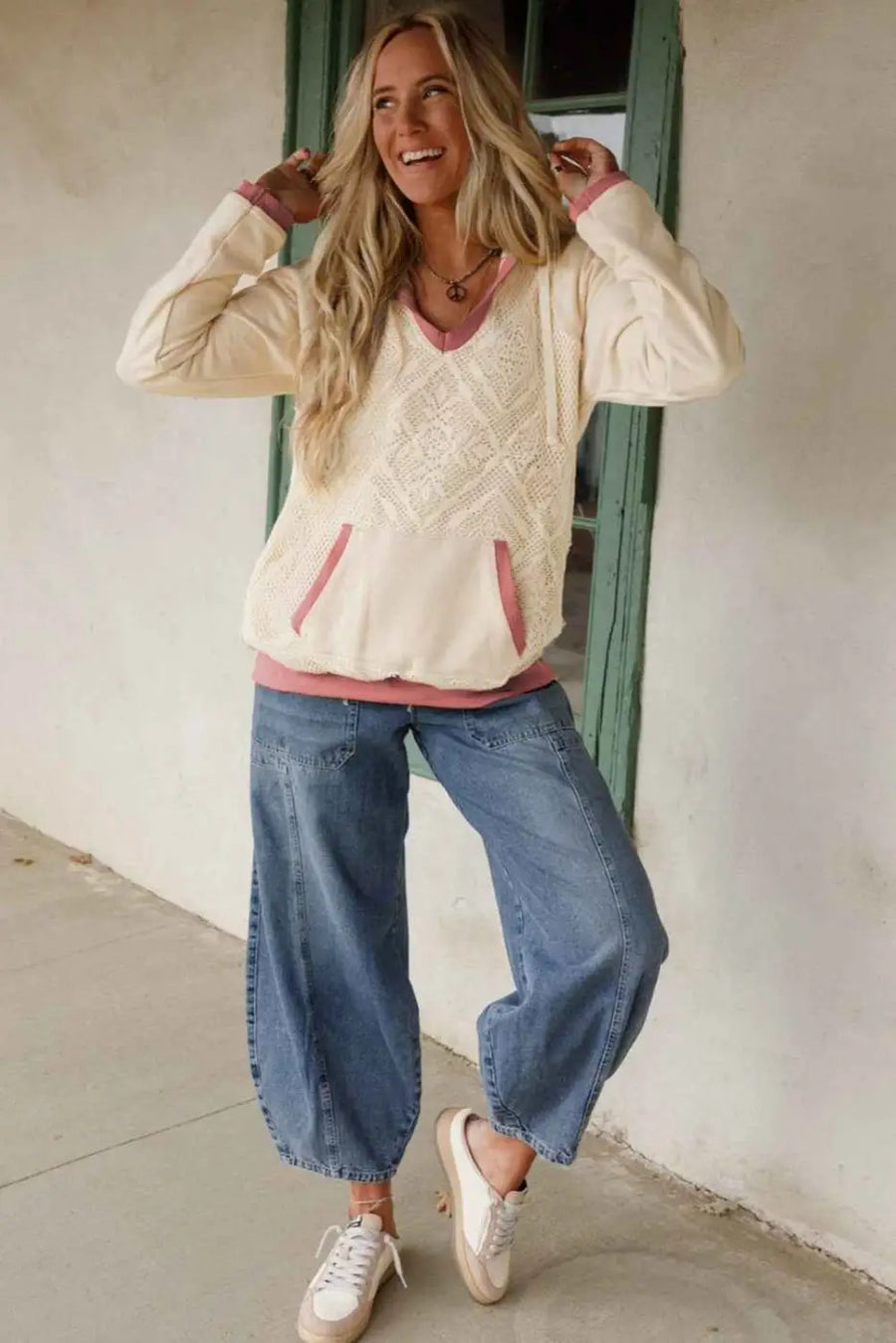 Women’s white contrast trim crochet knit hoodie | fadhionfitz