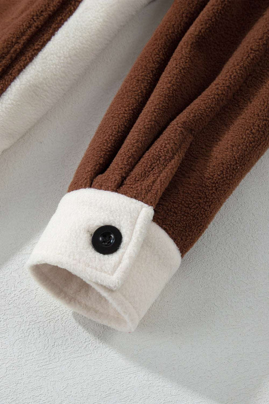 Detailed view of sleeve cuff and button on Ladies Brown Panels Fleece Shacket Winter Casual, showing quality stitching and fleece fabric.
