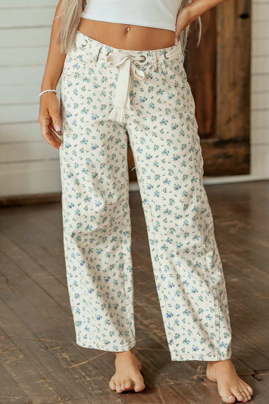 Grommet Knot Waist Floral Barrel Leg Jeans