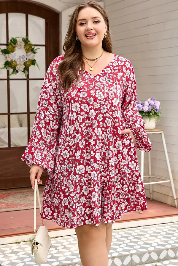 Purple Plus Size Floral Balloon Sleeve V Neck Dress Women UK — front view