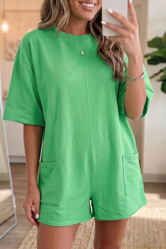 Women's loose romper detail view raw edge pocket casual