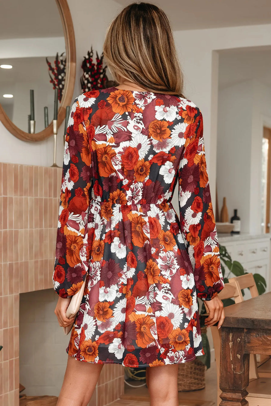 Red Floral Wrap V Neck Puff Sleeve Flowy Mini Dress Women UK — model shot