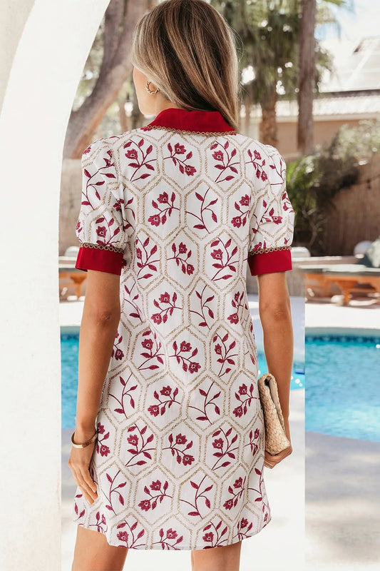 Red geometric floral lace trim collared mini dress