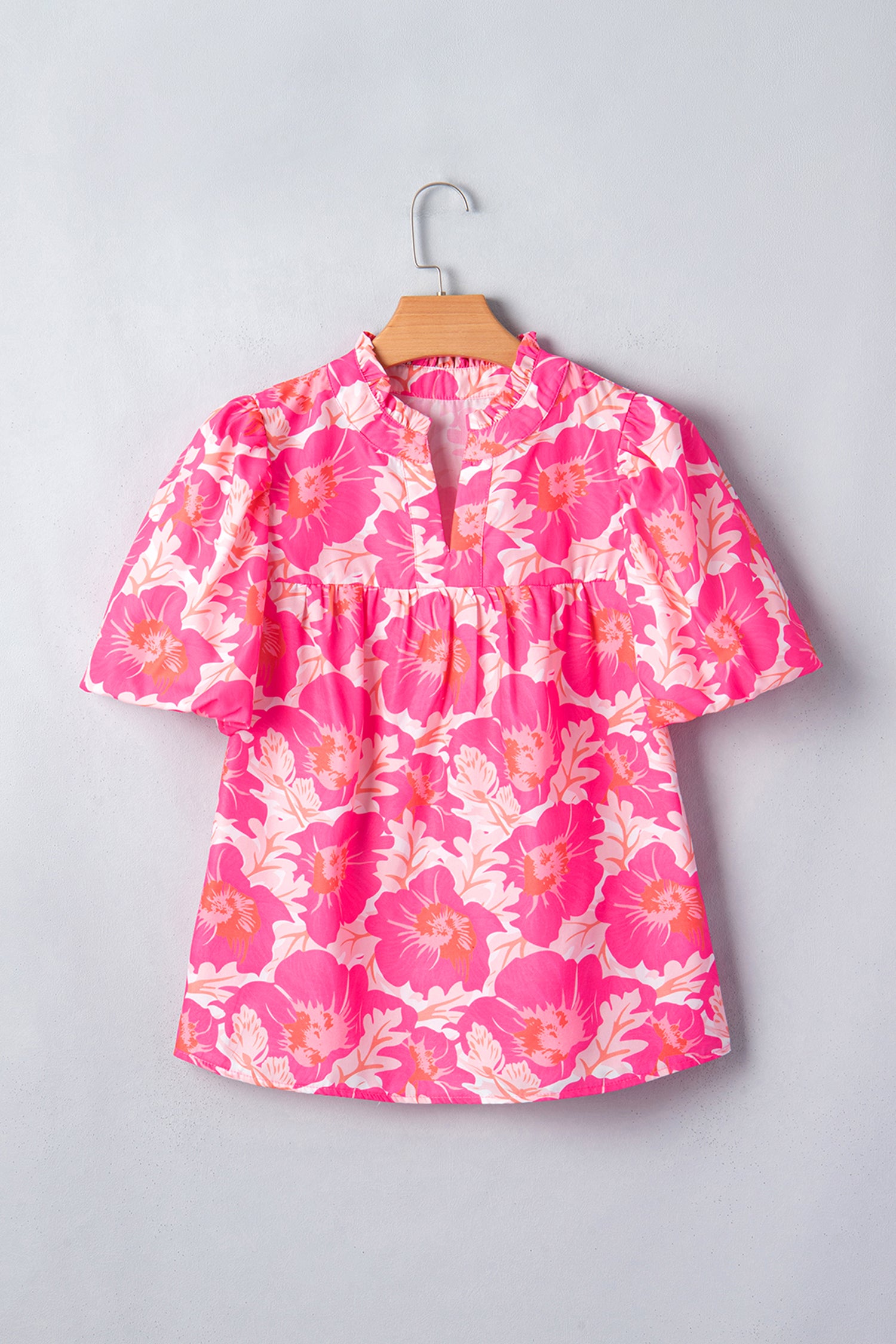Floral Jacquard Bubble Sleeve Notched V Neck Babydoll Blouse