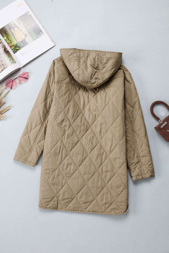 Back flat lay of Khaki Quilted Puffer Jacket – Hooded Snap Button Coat highlighting full-length diamond quilted stitching and hood detail.