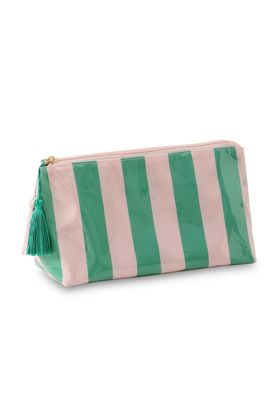 Women's striped waterproof zipper makeup bag model shot