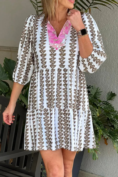 Black Contrast Floral V Neck Bracelet Sleeve Mini Dress Women UK