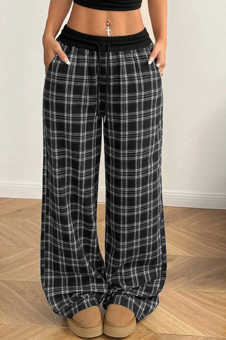Plaid Contrast Drawstring Waist Wide Leg Trousers — full length view on model | Fashionfitz UK